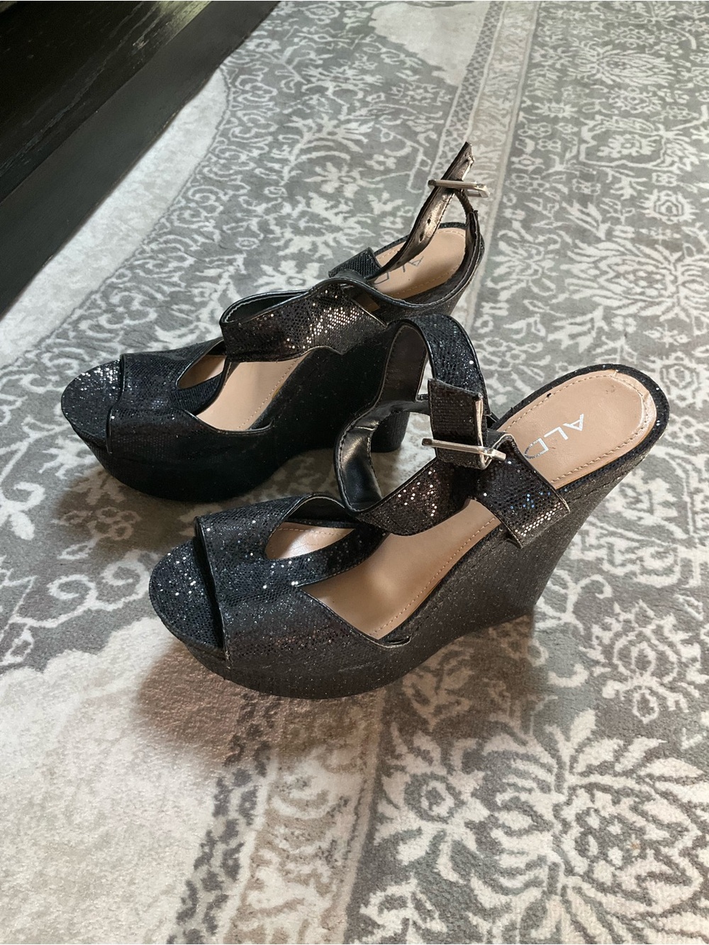 ALDO Black Glitter Platform Wedge Sandals 38